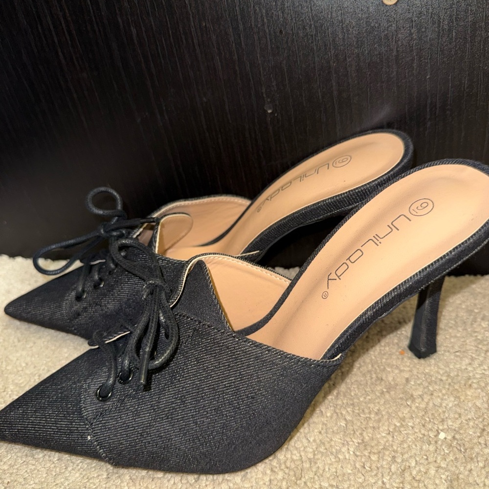 UniLady Black Lace-Up Mule Heels Pointed Toe Kitten Heel Size 9 - Picture 4 of 7